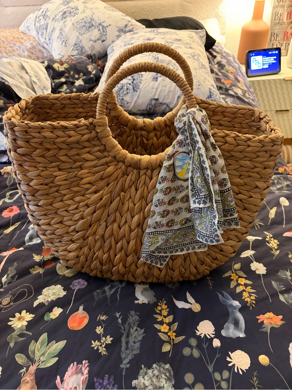 Woven Straw Tote Bag with Scarf Accent - Tan